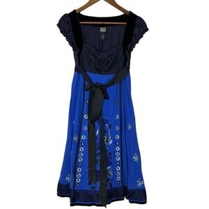 Lithe Blue Embroidered Silk Dress 4 Black Velvet Bodice Boho Folk Style